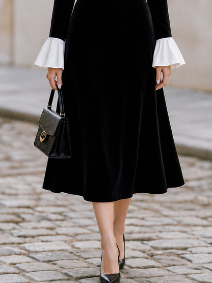 Contrast White Collar Flare Cuff Black Velvet Midi Flared Dress