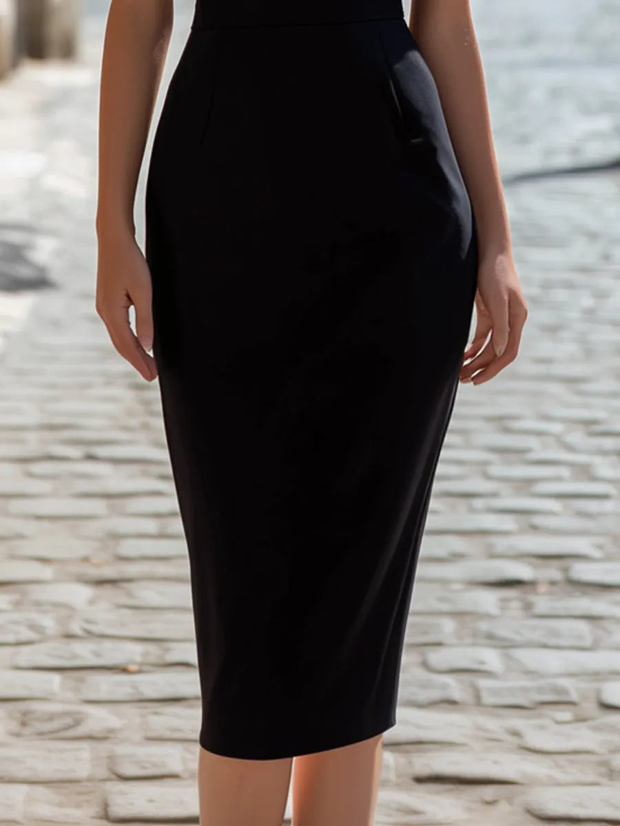 Asymmetric Two-Tone Off-Shoulder Pencil Midi Dress