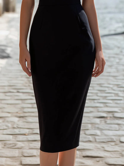 Asymmetric Two-Tone Off-Shoulder Pencil Midi Dress