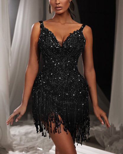 Black Crystal Embellished Rhinestone Sequined Mini Dress