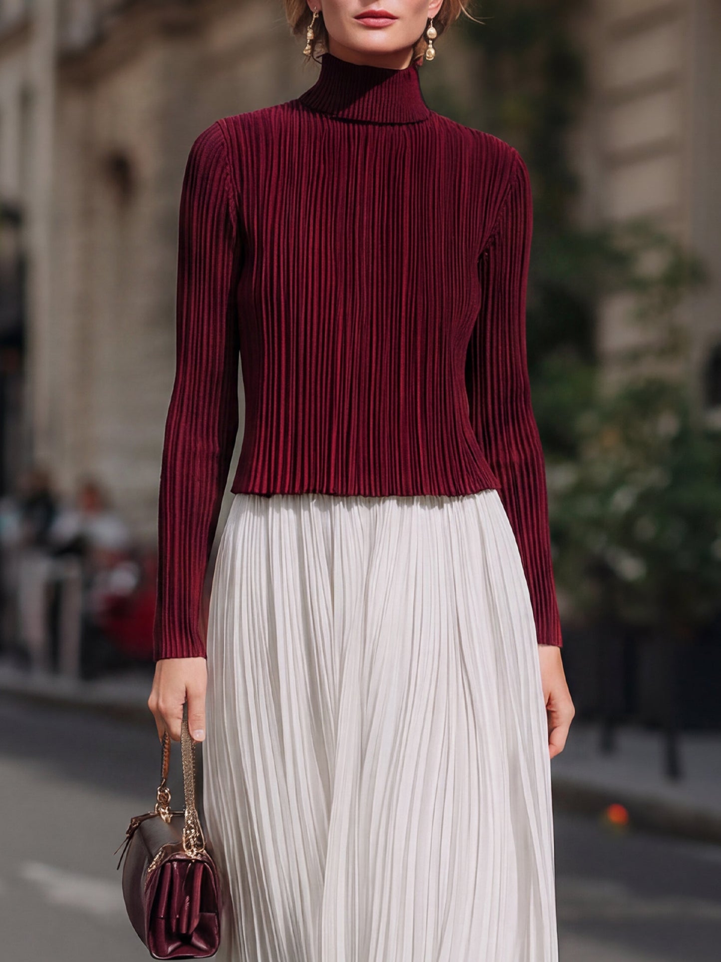 Pleated Mock-Neck Top & Maxi Skirt Set