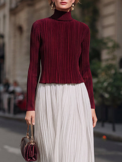 Pleated Mock-Neck Top & Maxi Skirt Set