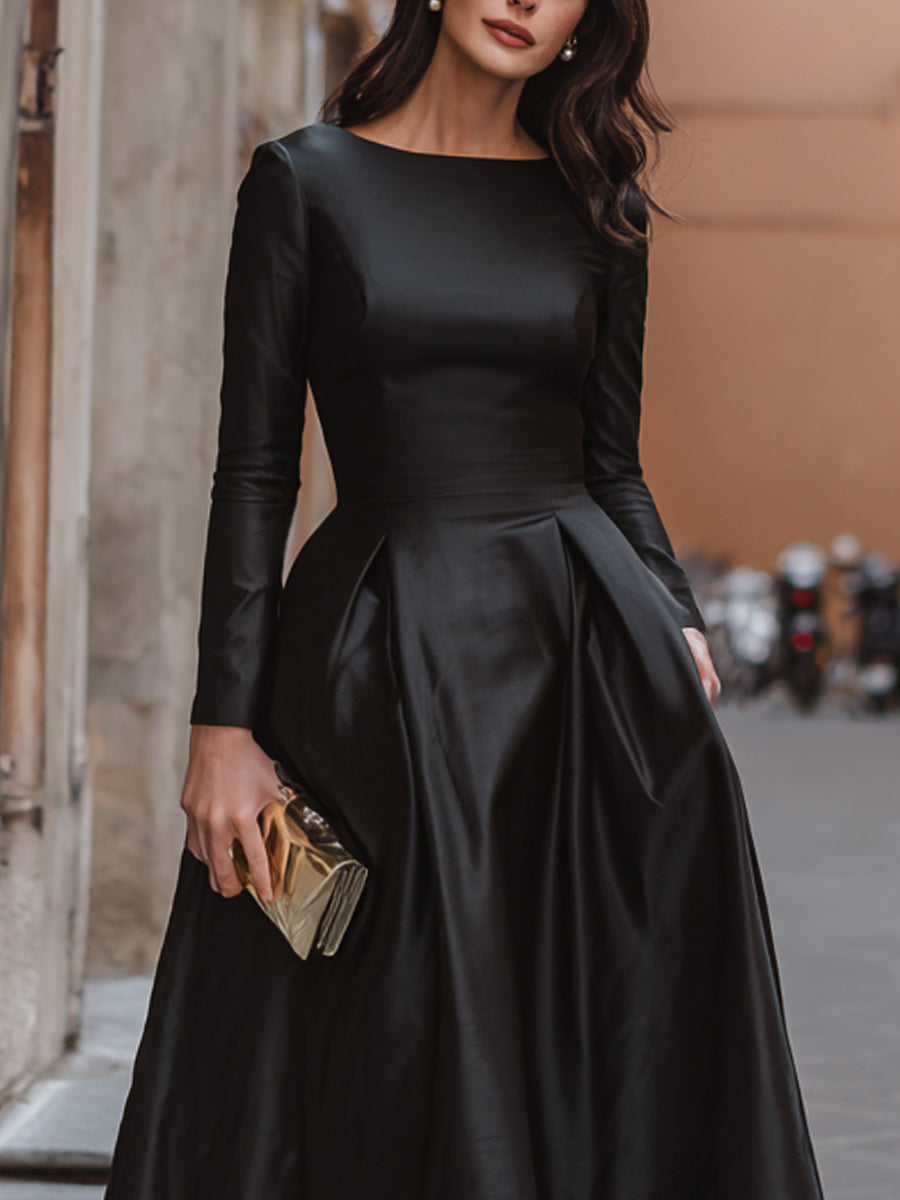 Elegant Long Sleeve Boat Neck A-Line Maxi Dress