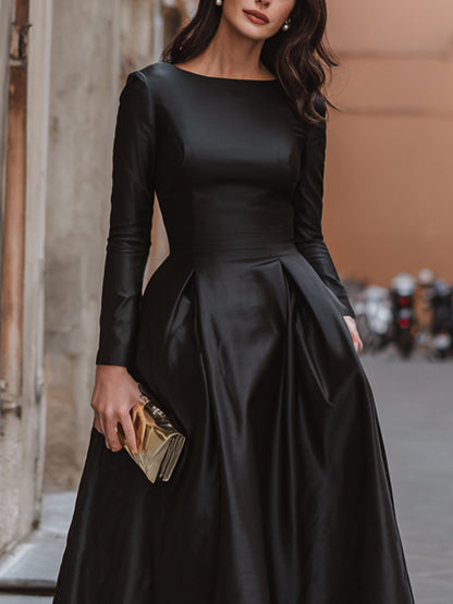 Elegant Long Sleeve Boat Neck A-Line Maxi Dress