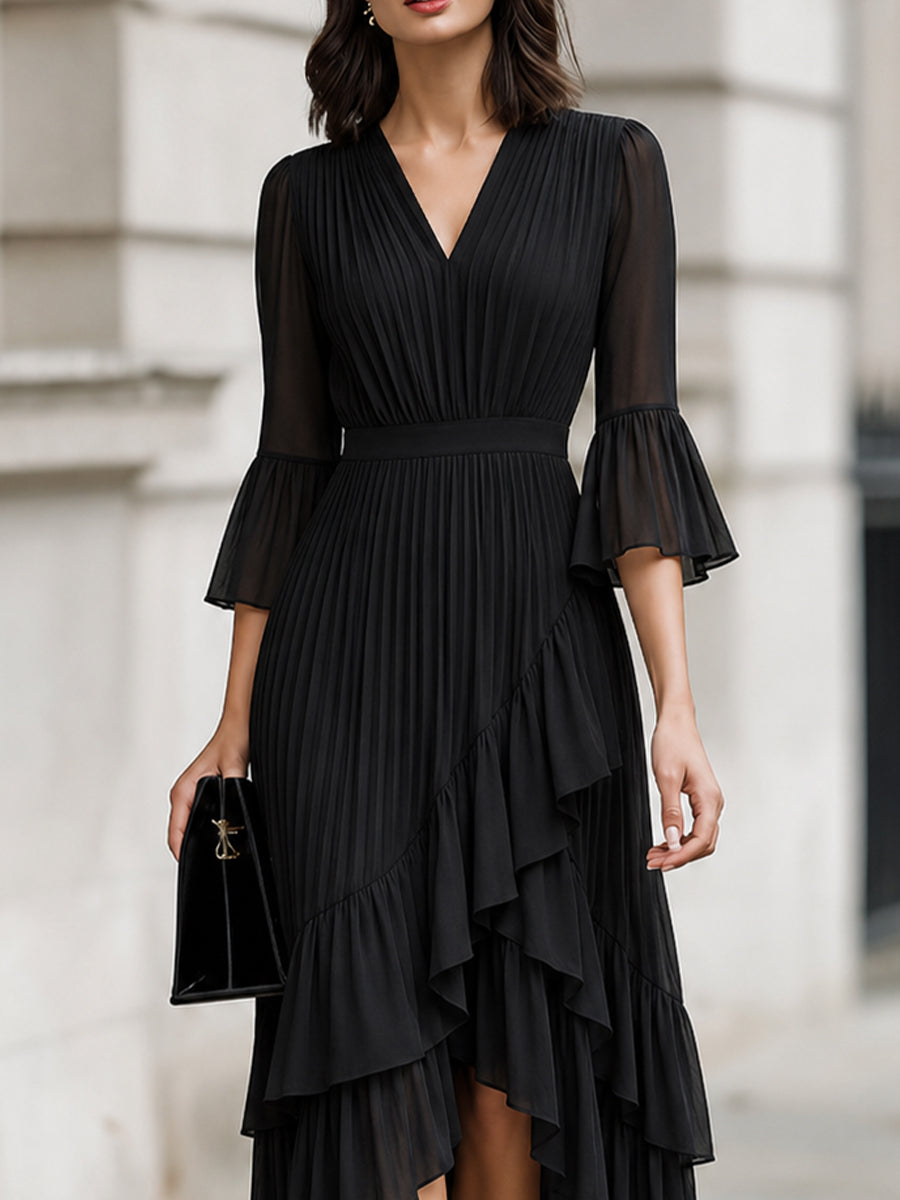 V-Neck 3/4 Flare Sleeve Pleated Chiffon Midi Dress