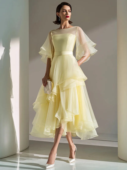 Sheer Yoke Flutter Sleeve Layered Organza Midi Dress