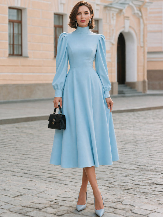 Vestido Midi Formal de Convidada de Casamento Gola Alta Manga Longa Bufante