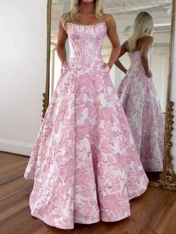 Flower Jacquard Sleeveless Tube Maxi Dresses Fairytale Dress