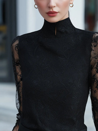 Sheer Long-Sleeve Lace High-Neck Blouse