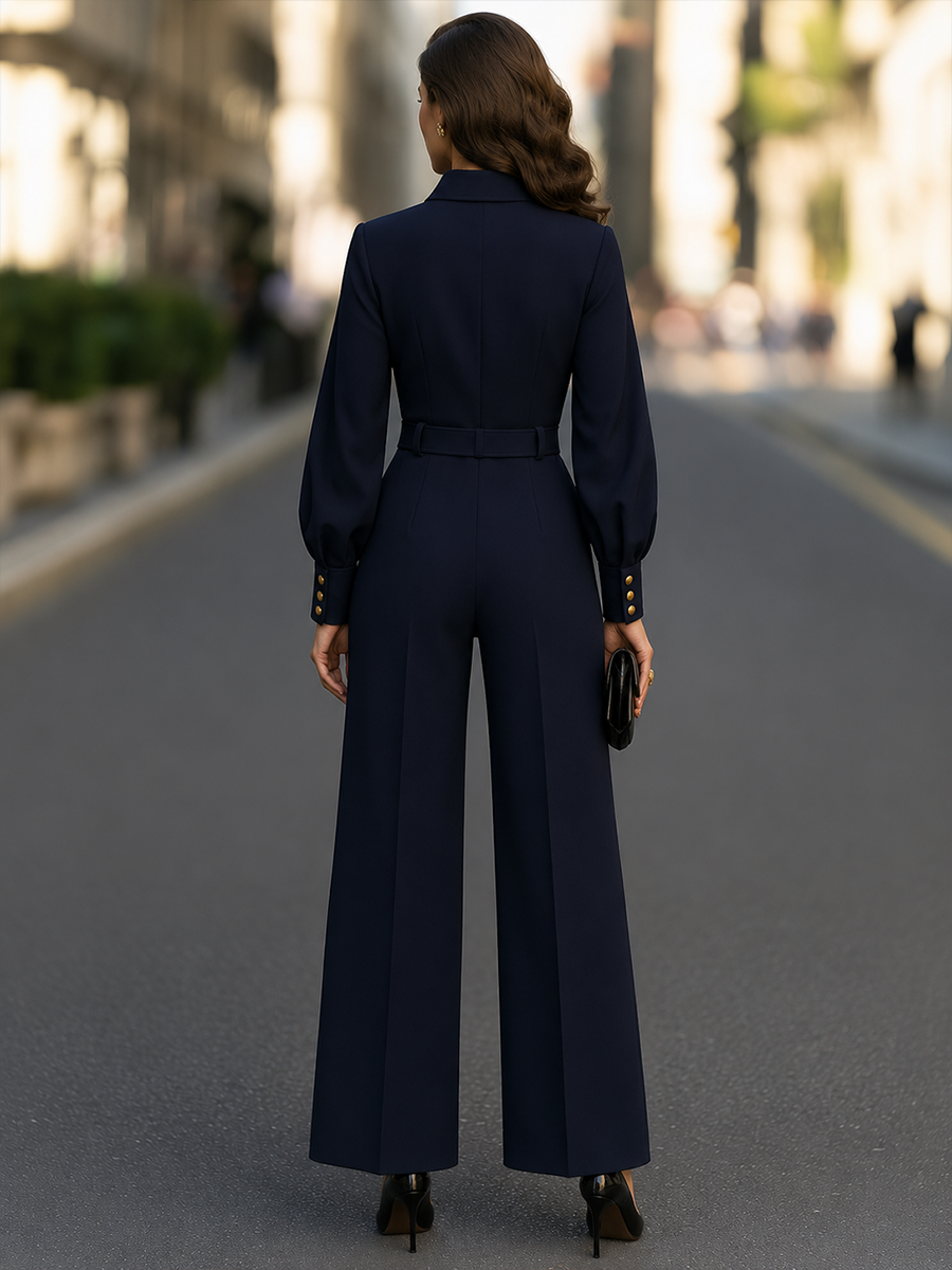 Belted Button-Front Wide-Leg Jumpsuit With Balloon Sleeves