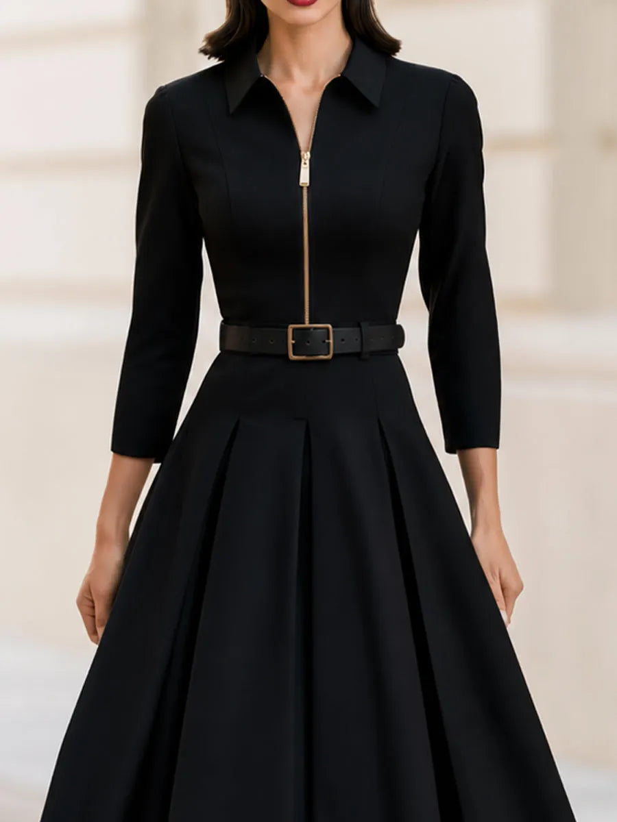 Collar Zip Front 3/4 Sleeve Belted Pleated Midi Dress