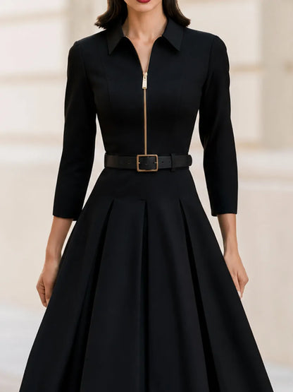 Collar Zip Front 3/4 Sleeve Belted Pleated Midi Dress
