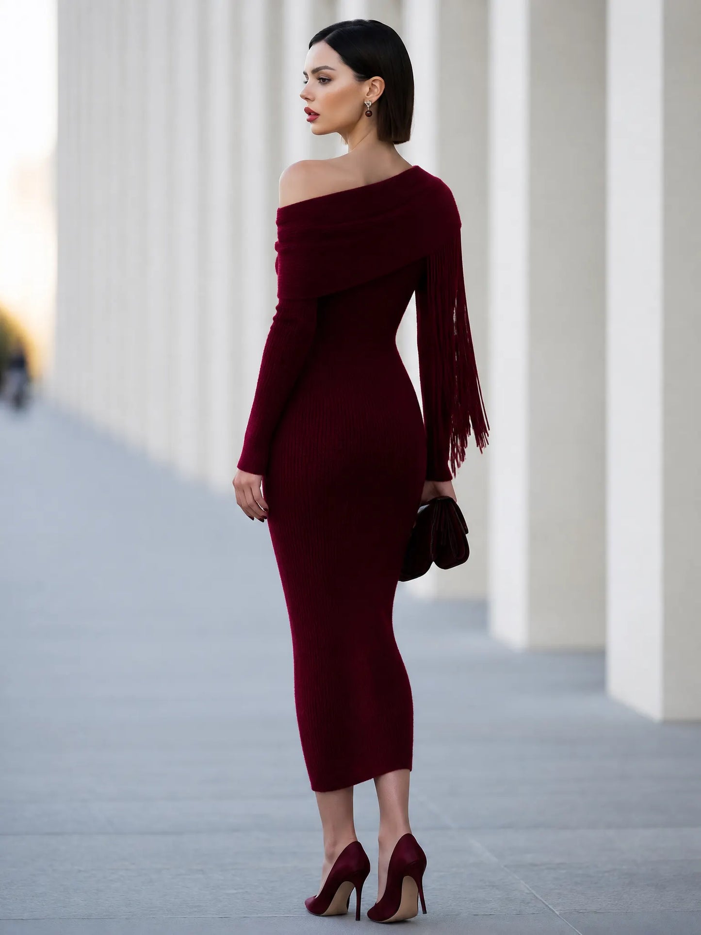 Fringe Cape Off-Shoulder Knit Midi Dress