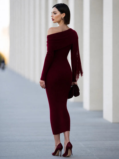 Fringe Cape Off-Shoulder Knit Midi Dress