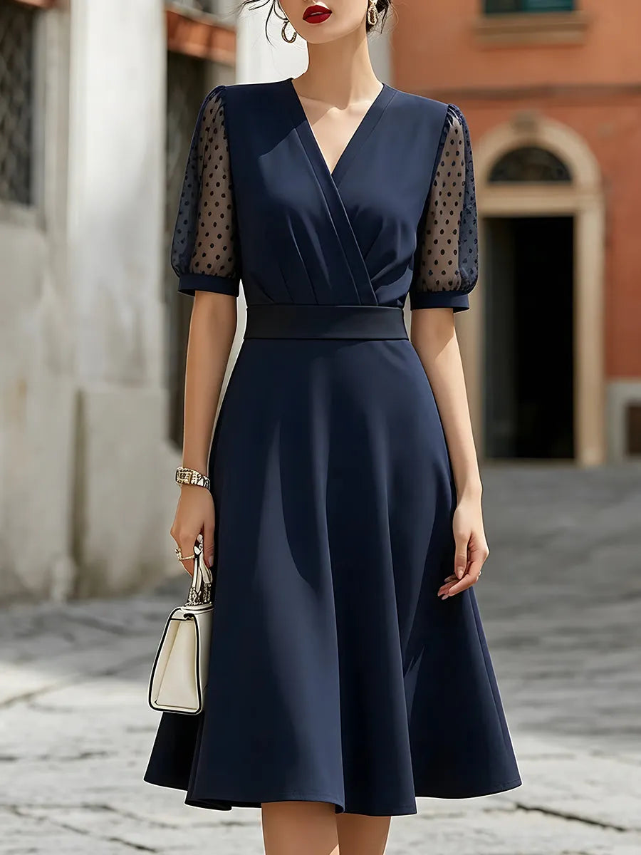 V-Neck Sheer Polka Dot Sleeve A-Line Midi Dress