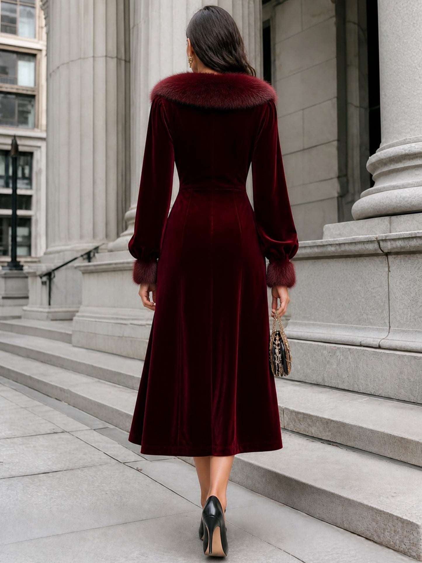 Velvet Fur-Collar Puff-Sleeve Slim Midi Dress