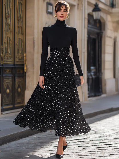 Turtleneck Top And Polka Dot Pleated Maxi Skirt Set