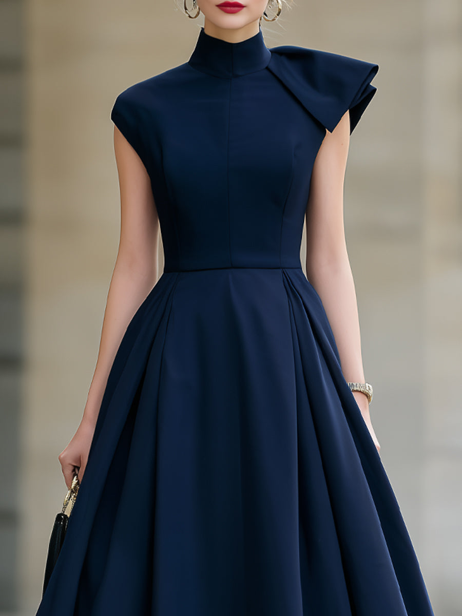 Asymmetric Cape-Sleeve Flare Midi Dress