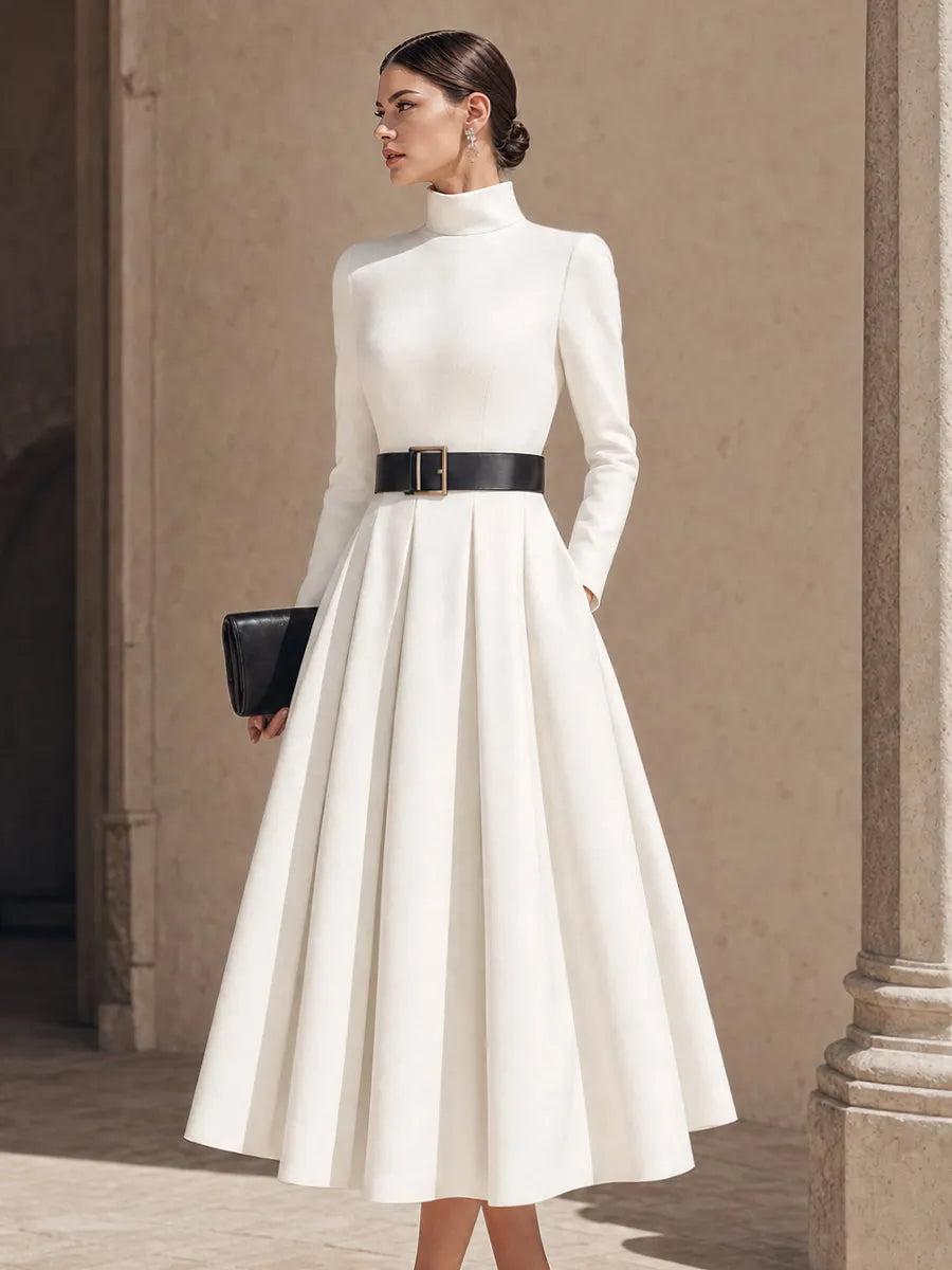 High-Neck Belted Maxi Dress With Pleated Full Skirt