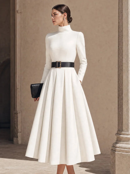 High-Neck Belted Maxi Dress With Pleated Full Skirt