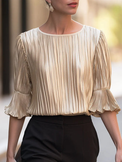Metallic Pleated Bell Sleeve Blouse Round Neck Top