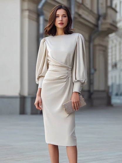 Draped Waist Puff Sleeve Midi Dress