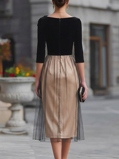 Rose Applique Bodice Mesh Overlay Satin Midi Dress