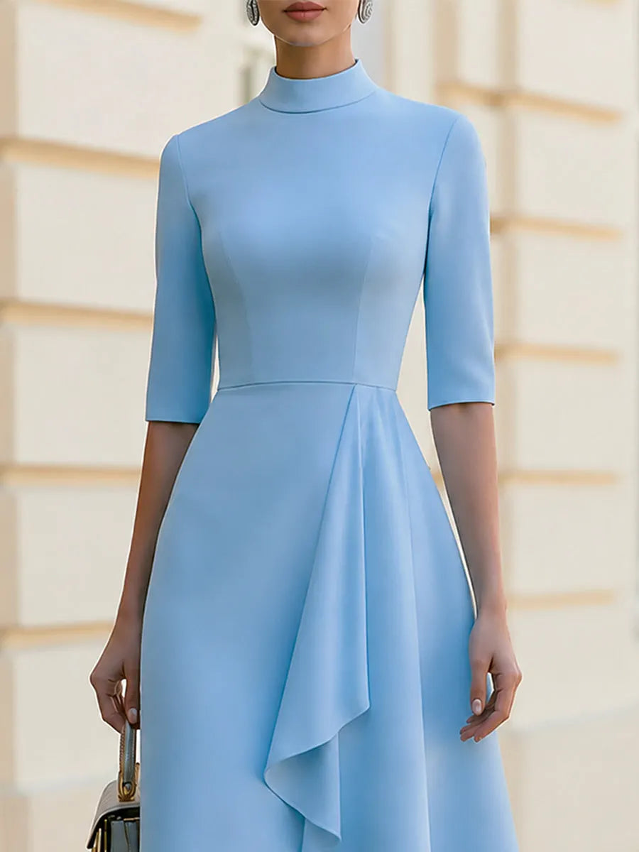 High Neck 3/4 Sleeve Asymmetrical Ruffle Midi Dress