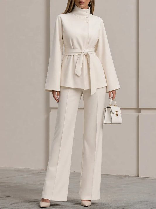 Belted Stand Collar Flare Sleeve Jacket & Wide Leg Trouser Co-Ord Set