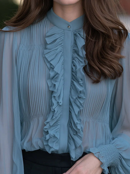 Ruffled Chiffon Stand-Collar Shirred Cuffs Blouse