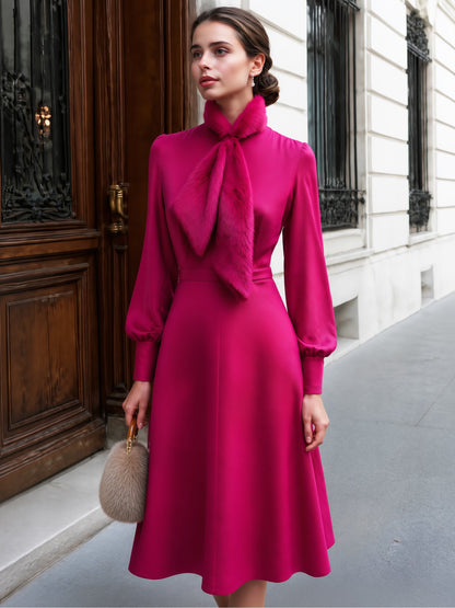 Faux-Fur Collar Puff-Sleeve A-Line Midi Dress