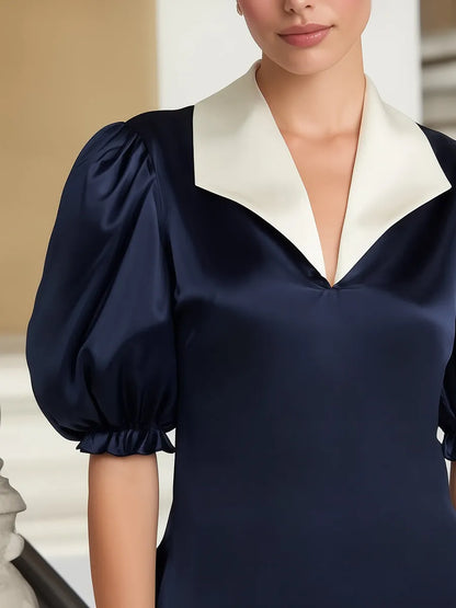 Contrast Collar Puff Sleeve Satin Blouse