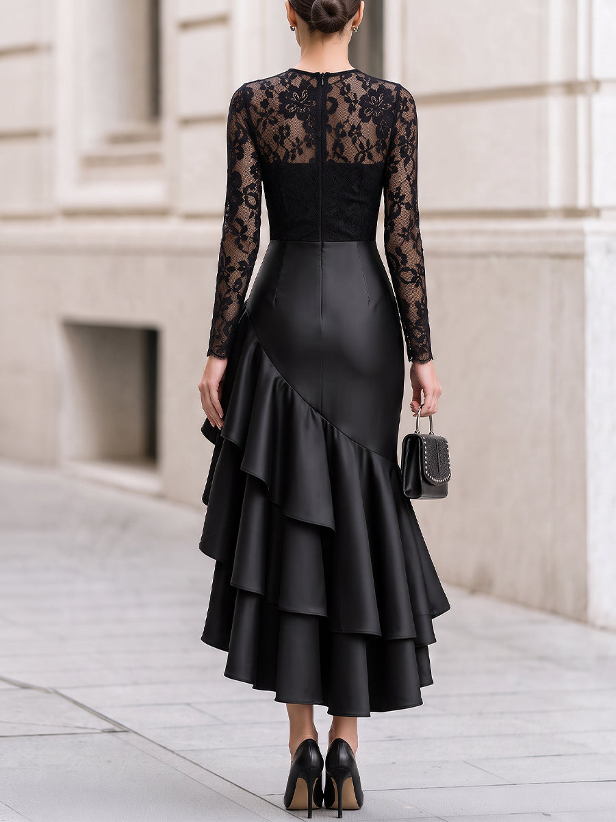 Long‐Sleeve Floral Lace Bodice Satin Asymmetrical Ruffle High‐Low Evening Dress