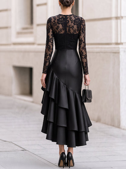 Long‐Sleeve Floral Lace Bodice Satin Asymmetrical Ruffle High‐Low Evening Dress