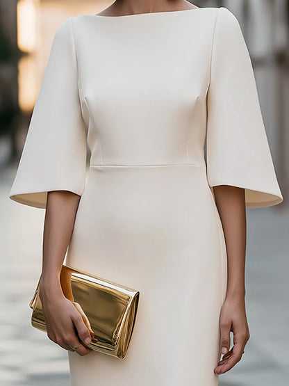 Elegant Boat Neck Midi Dress With Flared Bell Sleeves
