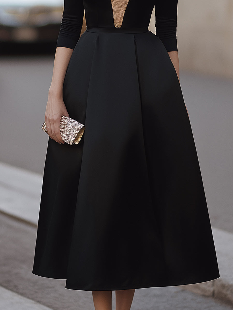 Contrast Gold Glitter V-Neck Three-Quarter Sleeve Full A-Line Midi Dress
