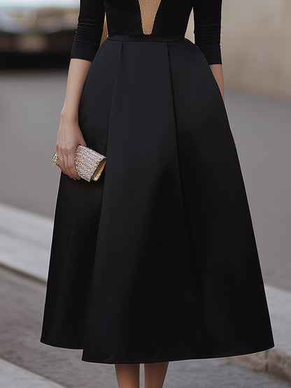 Contrast Gold Glitter V-Neck Three-Quarter Sleeve Full A-Line Midi Dress