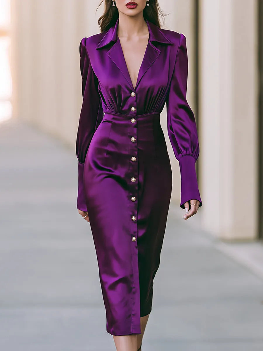 Satin Lapel Button Front Ruched Waist Midi Dress