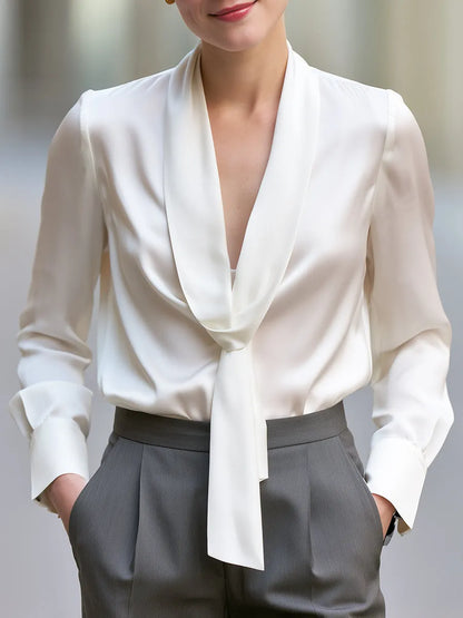 Elegant Satin Tie-Neck Long Sleeve Blouse
