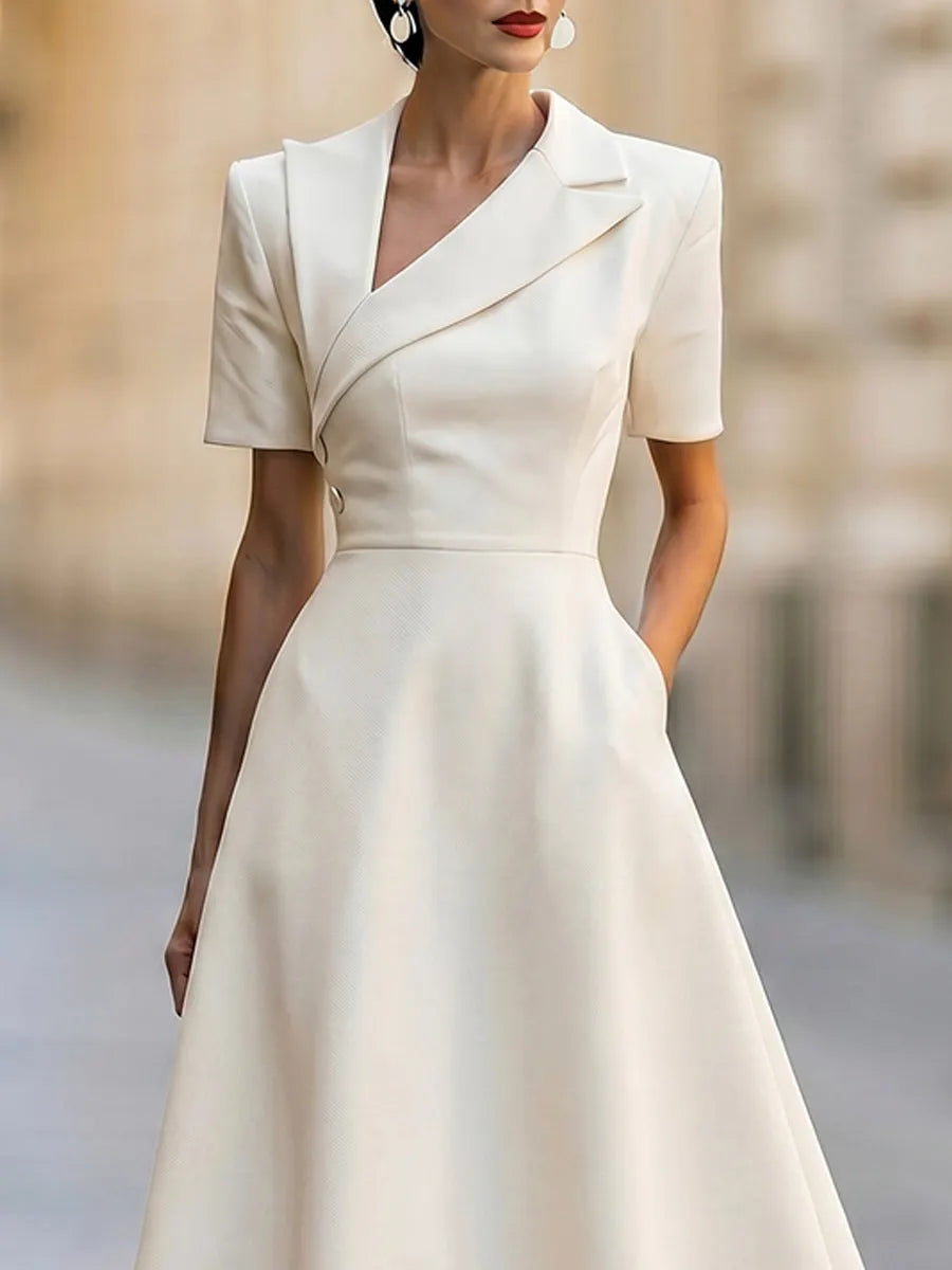Asymmetric Lapel Short Sleeve Fit-and-Flare Midi Dress