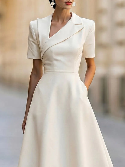 Asymmetric Lapel Short Sleeve Fit-and-Flare Midi Dress