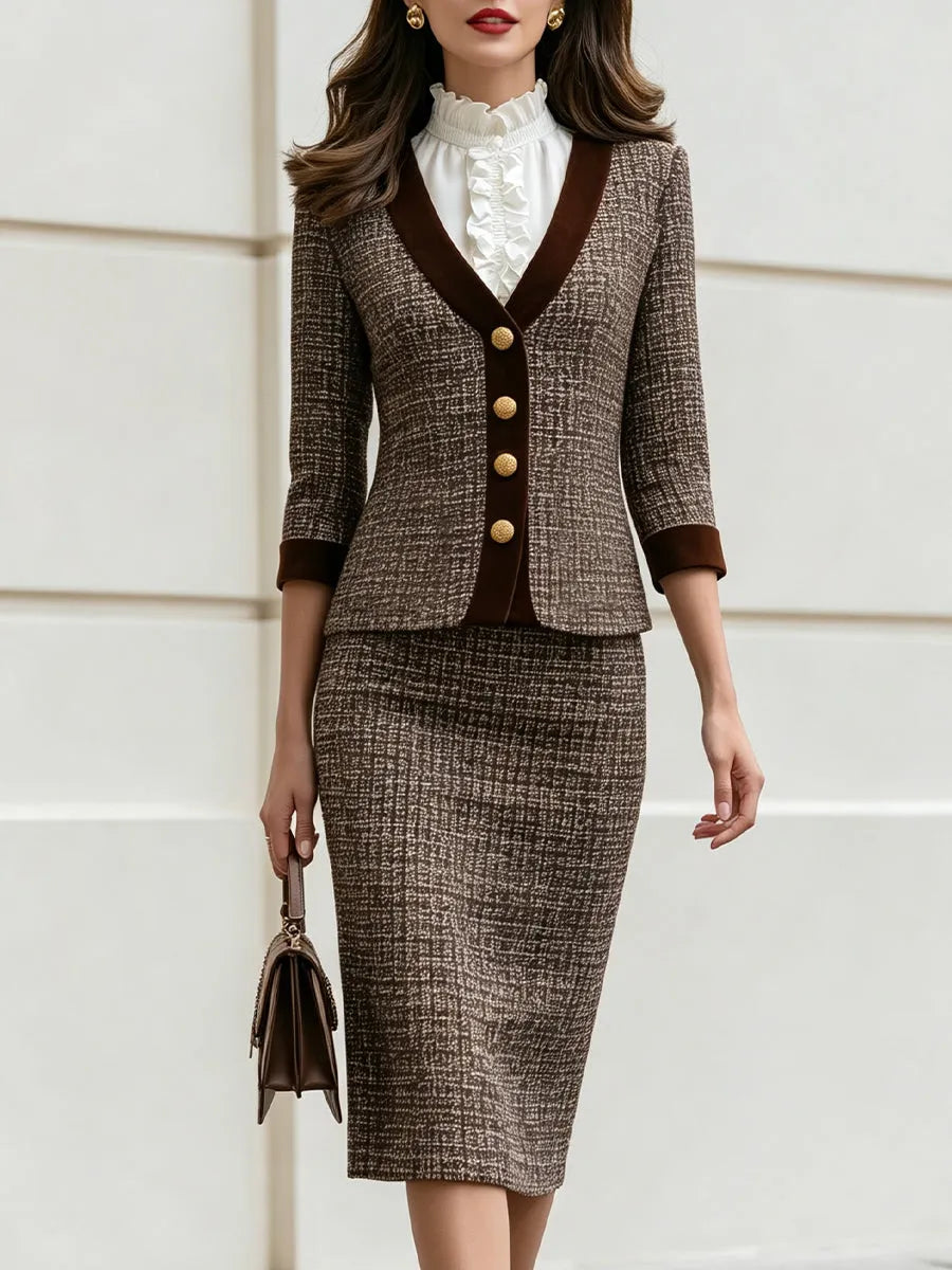 Tweed Velvet Trim V-Neck Blazer & Pencil Skirt Co-Ord Suit