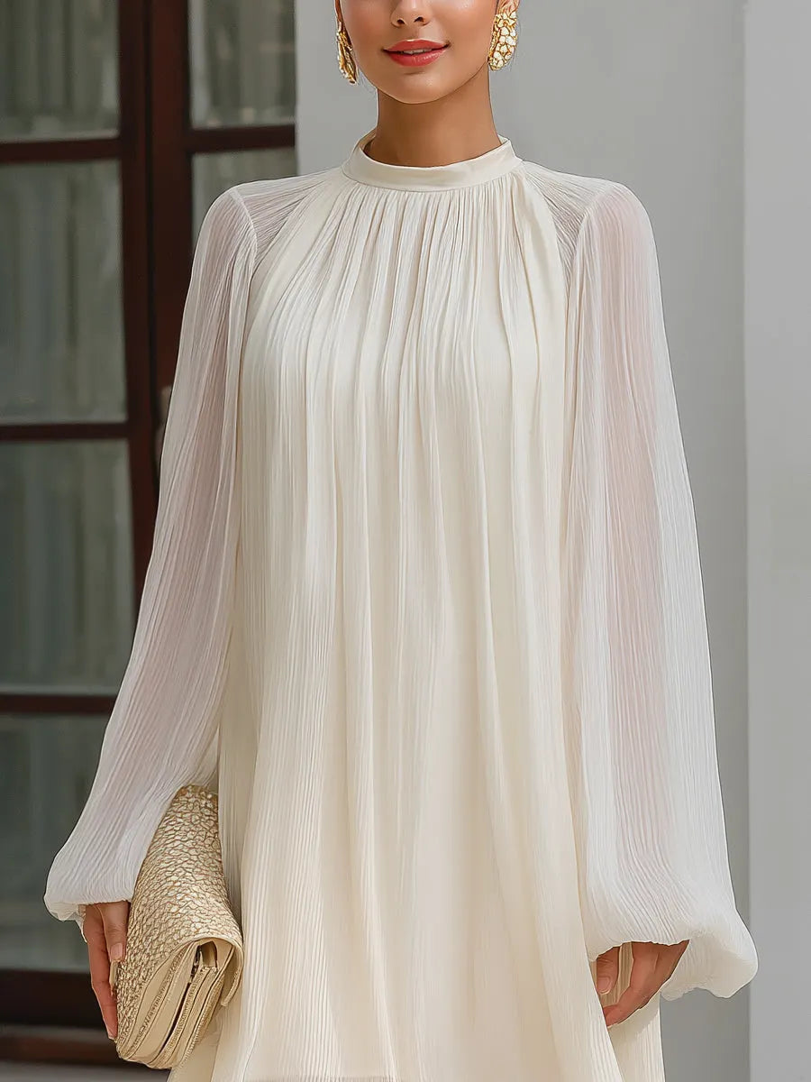 Pleated Chiffon High Neck Long Sleeve Mini Dress