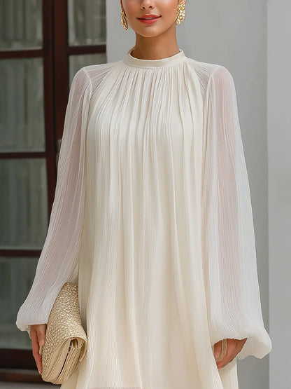 Pleated Chiffon High Neck Long Sleeve Mini Dress