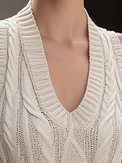 V-Neck Cable-Knit Sleeveless Fitted Sweater Top