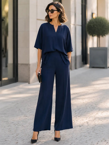 Notch V-Neck Dolman Blouse & High Waist Wide Leg Pants Two-Piece Set