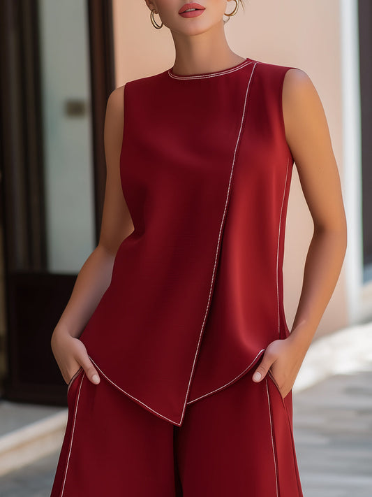 Contrast Piping Sleeveless Asymmetrical Top And Shorts Set