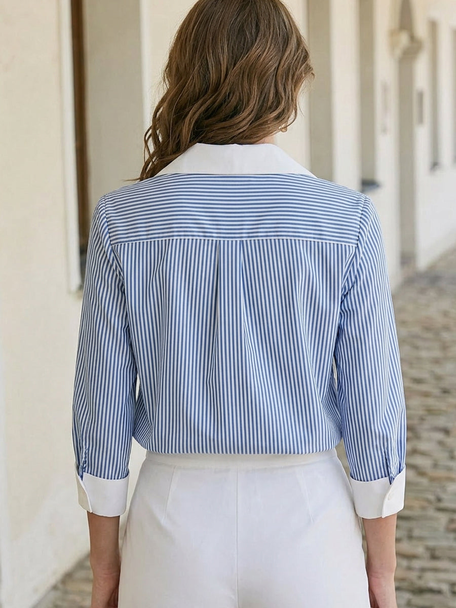 Contrast White Collar Cuff Blue PinStripe Pearl Button  Shirt