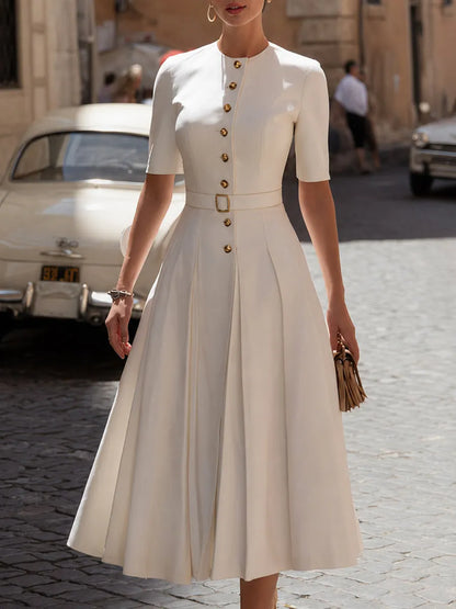 Vintage-Inspired Crepe Midi Dress With Button Front & Belted Waist