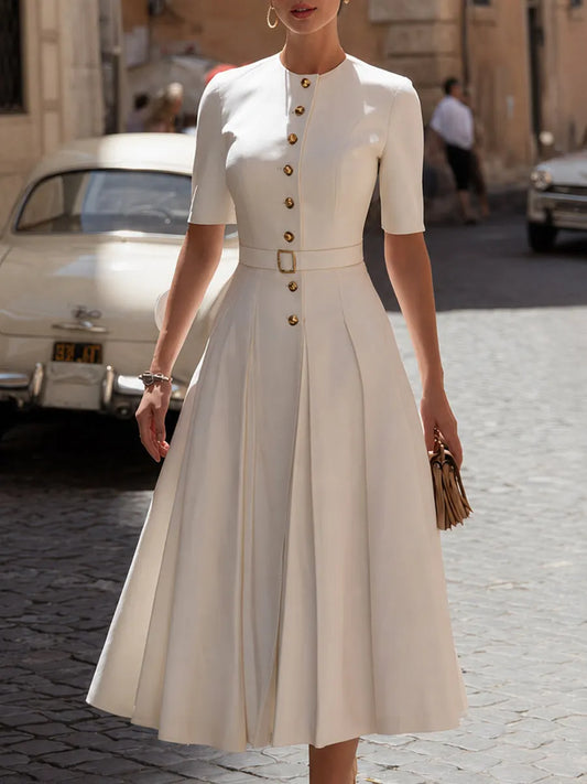 Vintage-Inspired Crepe Midi Dress With Button Front & Belted Waist